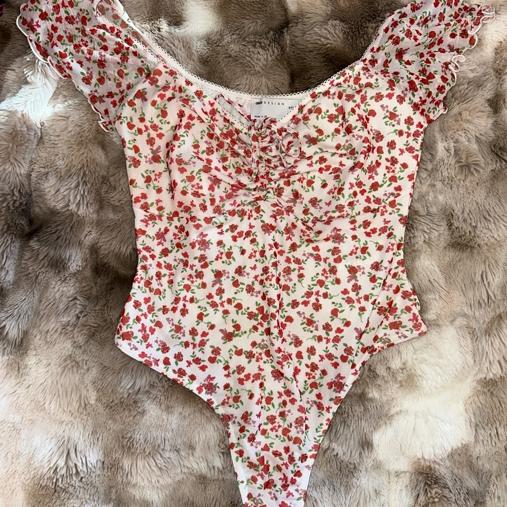 ASOS Floral Print Bodysuit - Red and White